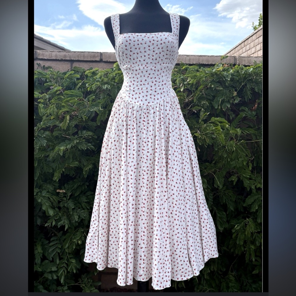 Caroline Constas White Midi Dress with Red Floral Design